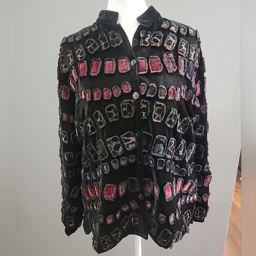 Chicos Silk/Linen Blend Technicolor Velvet Abstract Patchwork Jacket Size 1/Med